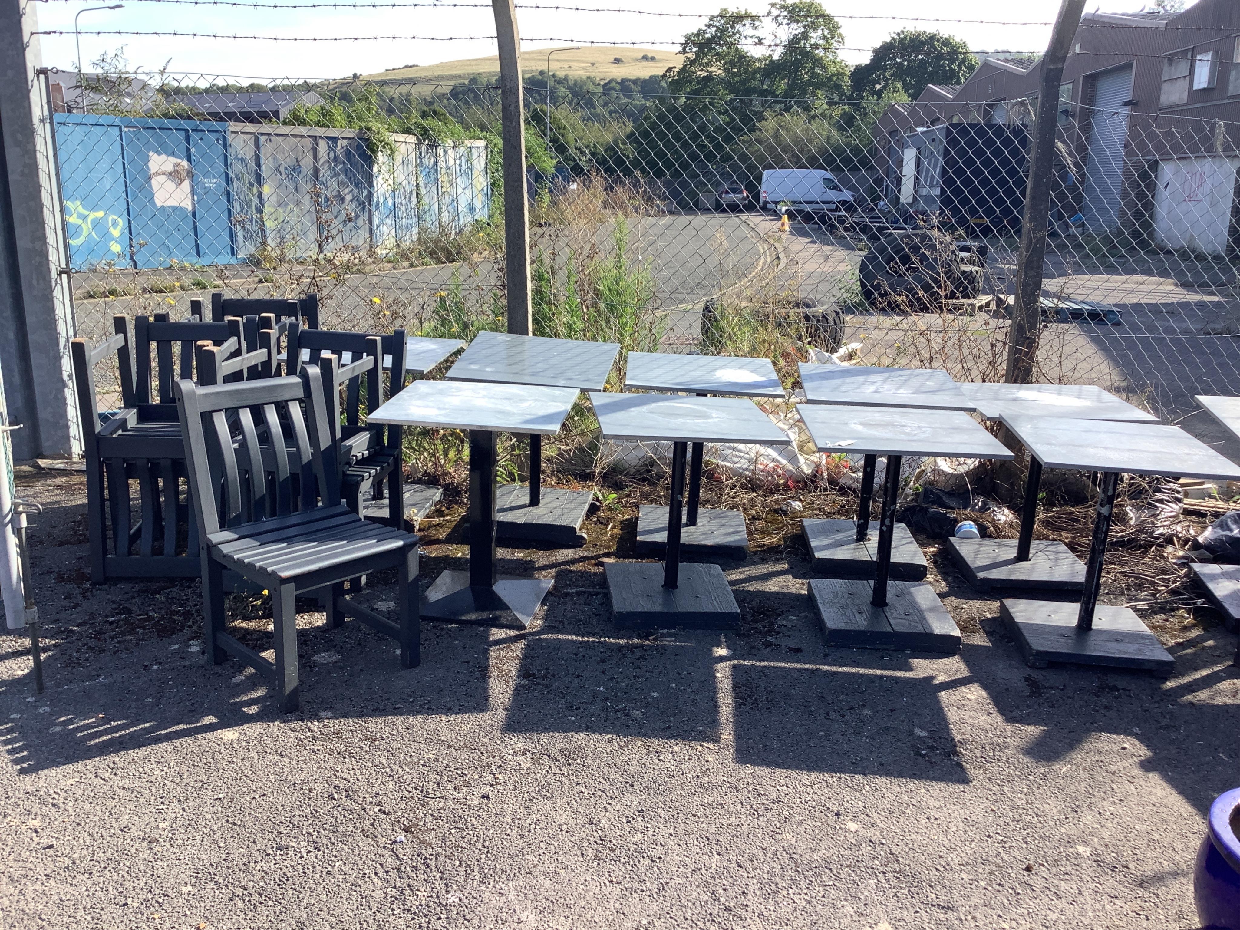 Ten square zinc top tables, 60cm, height 72cm, together with eleven painted teak garden chairs, width 46cm, height 88cm. Condition - fair